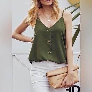 NWOT Blencot V-Neck Olive Green Button Up Adjustable Straps Tank Top Size Large